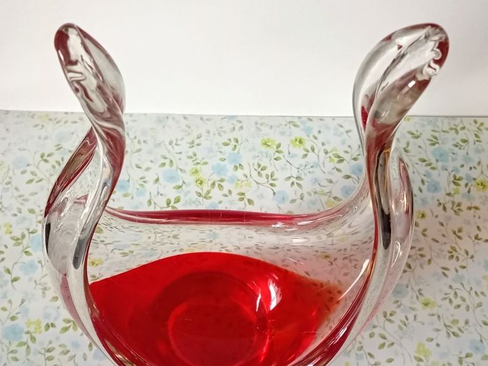 Vintage Murano Art Glass Basket Vase Red And Clear Glass.