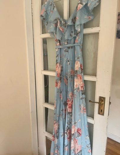 blue floral pleated maxi dress