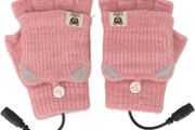Mitten USB Heated Gloves, Men Women Winter Knitted Hand Warmer Fingerless Heated Gloves for Office Work (Pink)