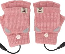 Mitten USB Heated Gloves, Men Women Winter Knitted Hand Warmer Fingerless Heated Gloves for Office Work (Pink)