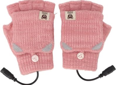 Mitten USB Heated Gloves, Men Women Winter Knitted Hand Warmer Fingerless Heated Gloves for Office Work (Pink)