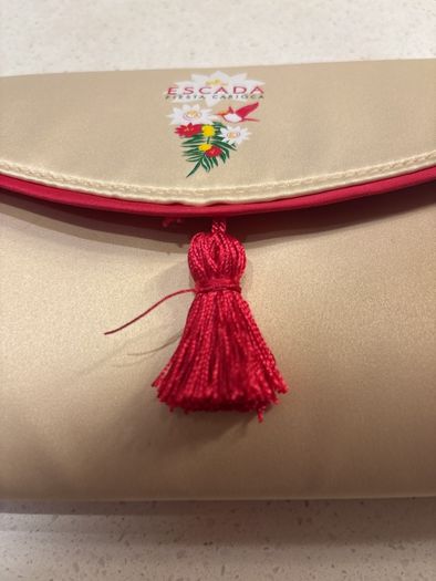 Escada Fiesta Carioca Ivory Satin like fabric with Rose Pink Trim Toiletry, Make Up - Clutch Bag