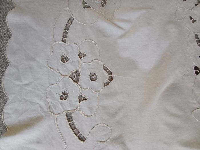 Vintage Cutwork Embroidery Cotton Tablecloth Oval 125cm x 170cm with stitched sewn edges in excellent condition with no issues FREE STANDARD POSTAGE INCLUDED