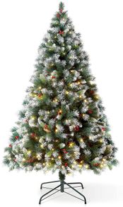 _6FT Claudia Pre Lit Christmas Tree with 300LED Lights with Timer, 8 Light Modes, Decorative Pinecones and Berries