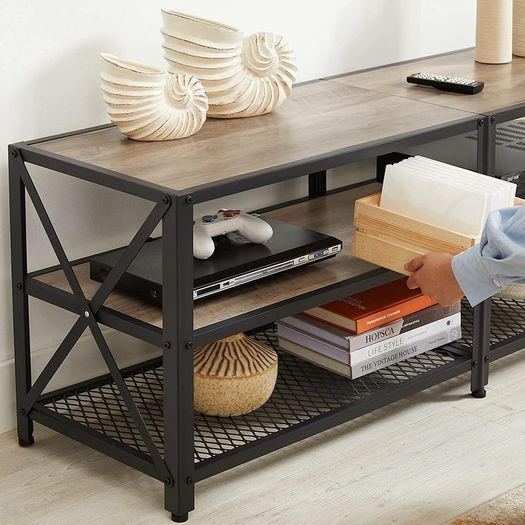 TV Cabinet, TV Table, Lowboard for TVs up to 60 inches, TV Cabinet with Shelves, Steel Frame, TV Shelf for Living Room, Bedroom, Greige-Black
