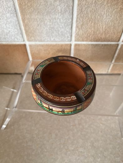 Vintage Handpainted Terracotta Ashtray & Round Carved Wooden Handpainted Trinket Box