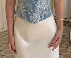 Denim and white lace print corset top