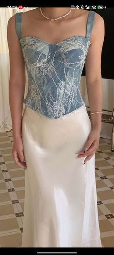 Denim and white lace print corset top