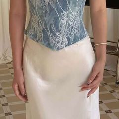 Denim and white lace print corset top