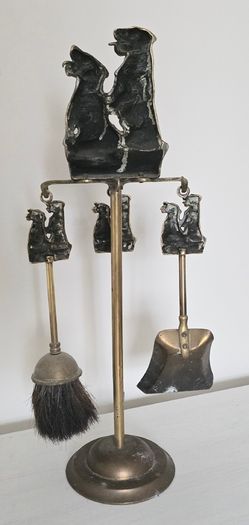 Victorian Sealyham Terrier Brass Fireplace Tool Set