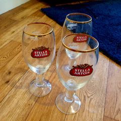 Stella Artois Chalice Pint Glasses - Gold Rim - Set of 3
