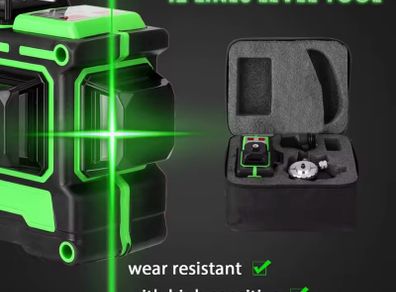 3D 12 Lines Self-leveling Laser Level with 1.2M 3 Heights Adjustable Alloy Extension Bar Tripod Stand and Carrying Bag
