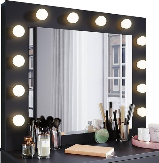 dressing table with stool, illuminated mirror, drawers, cosmetic table with 12 lights, 10 adjustable brightness, 3 colors, dressing table chest of drawers for bedroom, black, 80x40x140cm.