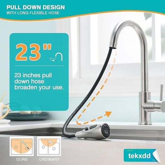 Stainless Steel Kitchen Faucet with Pull Out Sprayer, Single Handle High Arc Kitchen Sink Faucet, 360 Swivel Modern Brushed Nickel Pull Down Kitchen Tap