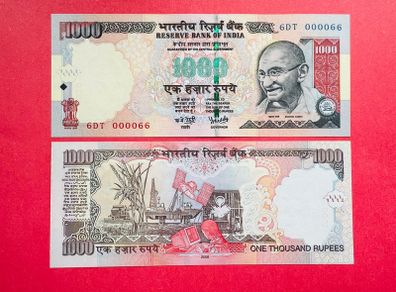 India  1,000  Rupees  2008  LOW SERIAL NUMBER. ( uncirculated )