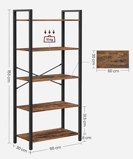 5-Tier Bookshelf, Tall Bookcase, Shelving Unit, Standing Display Storage Rack with Steel Frame, for Living Room, Office, Study, Industrial Style, Rustic Brown and Black (FREE POSTAGE)