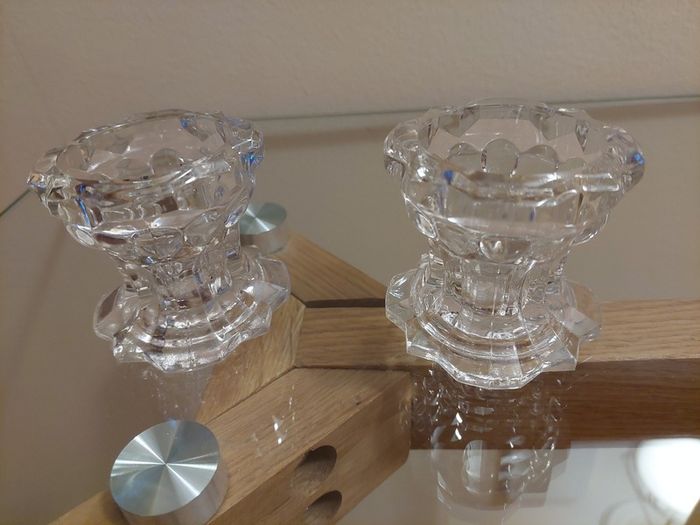 Pair of 1970s Reims VMC French Glass Candlestick Holders.
