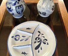 Set of Two Vintage German Salt Glazed stoneware Jugs and a French Fondue or Nibbles Plate.