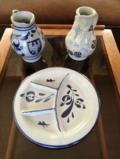 Set of Two Vintage German Salt Glazed stoneware Jugs and a French Fondue or Nibbles Plate.
