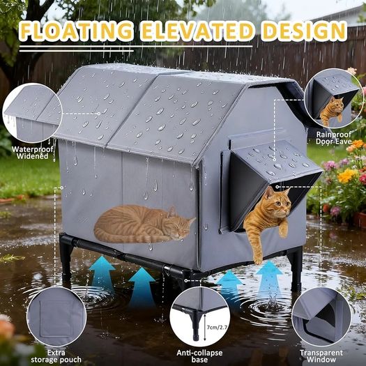Outdoor Cat House Waterproof, Oxford Cloth Elevated Cat Shelter, Feral Cat Shelter, Insulated Pet Tent for Multiple Cats & Dogs, 18x13x15in (Standard Model)