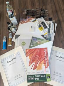 Large selection of oil painting brushes, paints and canvases, oils etc