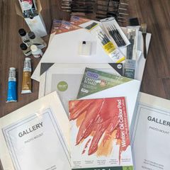 Large selection of oil painting brushes, paints and canvases, oils etc
