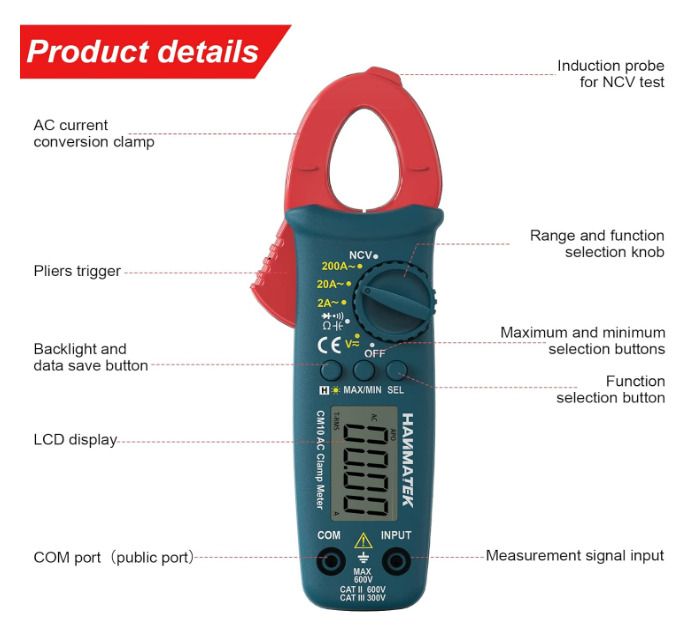 HANMATEK Digital Clamp Meter,Auto-ranging Amp Voltage Tester with Backlight,Clamp Multimeter