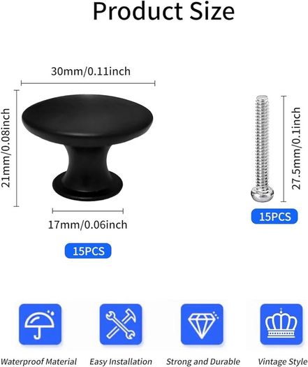 NEW SALE | 15PCS Black Drawer Knobs 30mm, Cabinet Door Knobs Black Solid Kitchen Cupboard Round Door Handles
