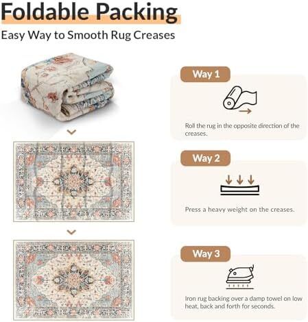 Machine Washable Rugs 90x150 cm Vintage Area Rug Low Pile Anti-Slip Carpet with Print Pattern for Living Room Bedroom Home Office Indoor Beige/Blue/Orange