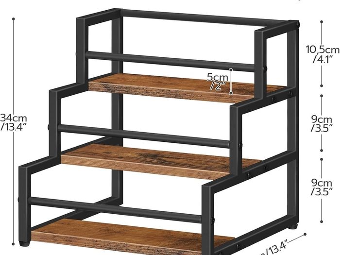 3-Tier Liquor Bottle Display Shelf, Syrup Organizer Stand, Wine Rack Countertop Storage Shelf Stand Liquor Cabinet for Home Mini Bar, Kitchen Coffee Station, Rustic Brown and Black