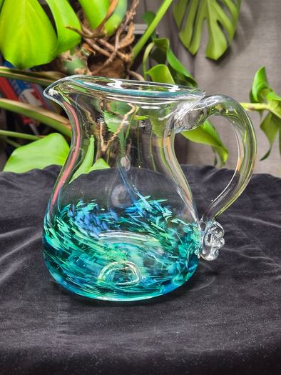 Jerpoint Glass Handcrafted Studio Art Glass Pitcher Water Jug Blue Green
