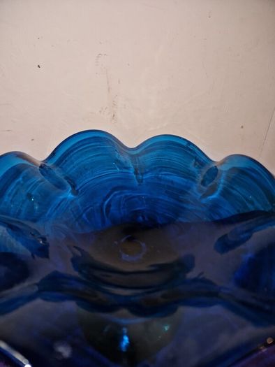 Unique hand blown cobalt blue candy dish with wood base