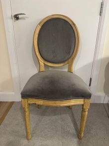 Louis-Style Oval Back Dining Chair, Grey Upholstery, Raw Wood