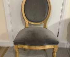 Louis-Style Oval Back Dining Chair, Grey Upholstery, Raw Wood