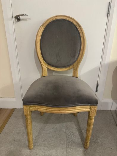 Louis-Style Oval Back Dining Chair, Grey Upholstery, Raw Wood