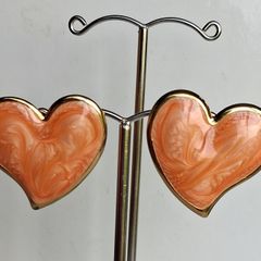 Gold Heart Marbled Orange Enamel Earrings
