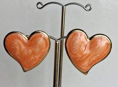 Gold Heart Marbled Orange Enamel Earrings