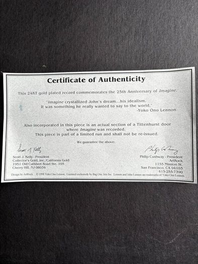 John Lennon Ltd Edition Imagine Gold Record RARE