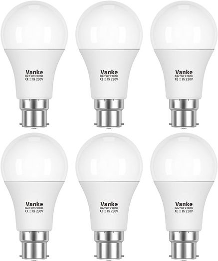 FREE SHIPPING Vanke Bayonet Light Bulb, 9w (60w Equivalent), 2700K Warm White B22 LED Bulbs, 806 Lumen, Non-Dimmable, Pack of 6