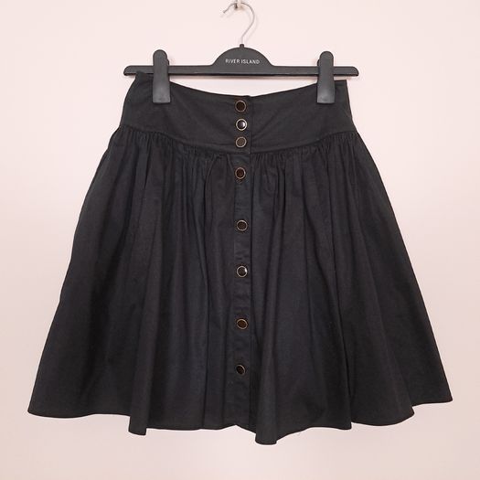 Reiss Black Button Front Gathered High Waisted Flared Mini Skirt 6UK/34EU