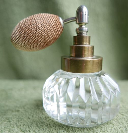 Vintage Iridescent Glass Perfume Bottle and Puffer.