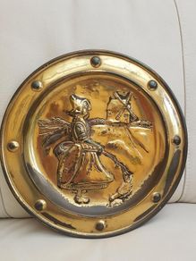 Pair of Vintage Brass Circular Embossed Plate Plaques