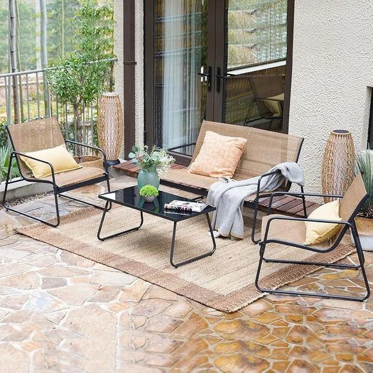 Conversation Sets 4 Pieces, Garden Table and Chairs, mesh sling Material, Waterproof, Breathable, Garden Furniture Sets for Outdoor, Backyard, Poolside (Brown)