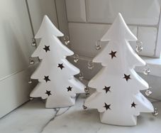 White Ceramic Light-Up Christmas Trees with Bells X 2