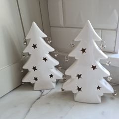 White Ceramic Light-Up Christmas Trees with Bells X 2