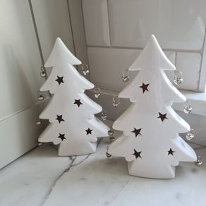 White Ceramic Light-Up Christmas Trees with Bells X 2