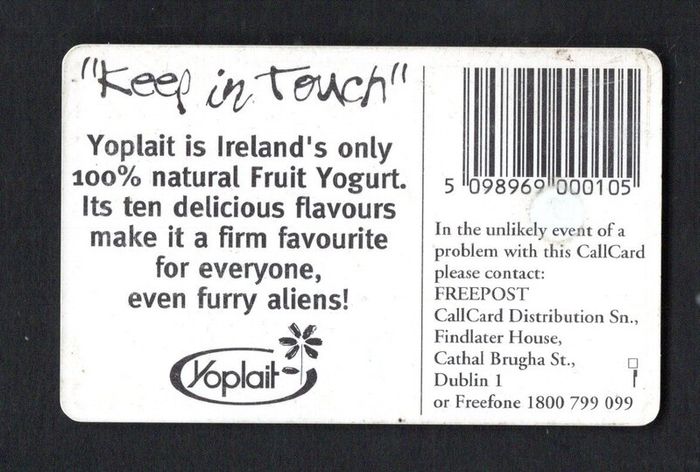 1996 Ireland 10 unit Yoplait yogurts and featured the slogan "Keep in touch" featuring Zig and Zag television puppets from RTE's popular kids programme "The Den" (Gemplus GEM1) Call Card Used. Telecom Eireann card number 1136.