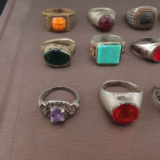 Antique Brass Ring Collection 15 Mixed Handmade Stone & Glass Rings