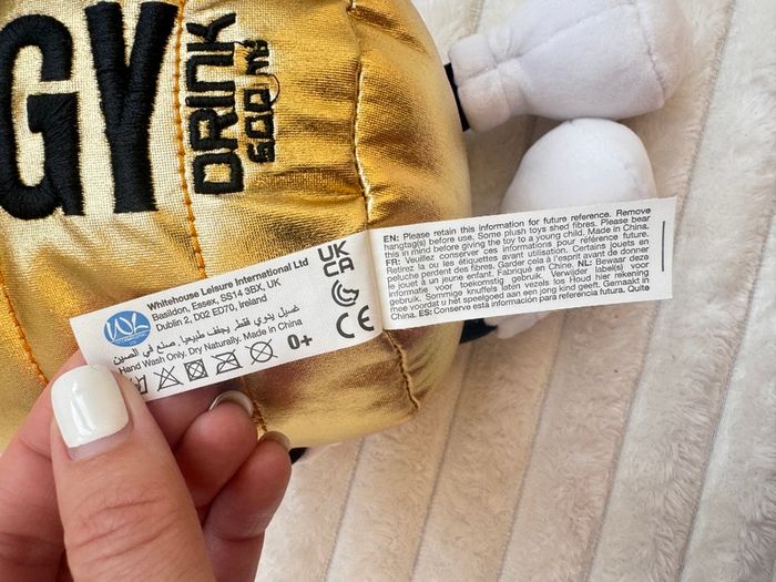 Gold Energy Drink Metallic Plush approx. 30 cm. Used Please see photos