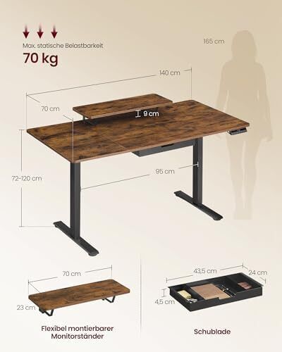 Height Adjustable Desk 140 x 70 cm USB-C Port